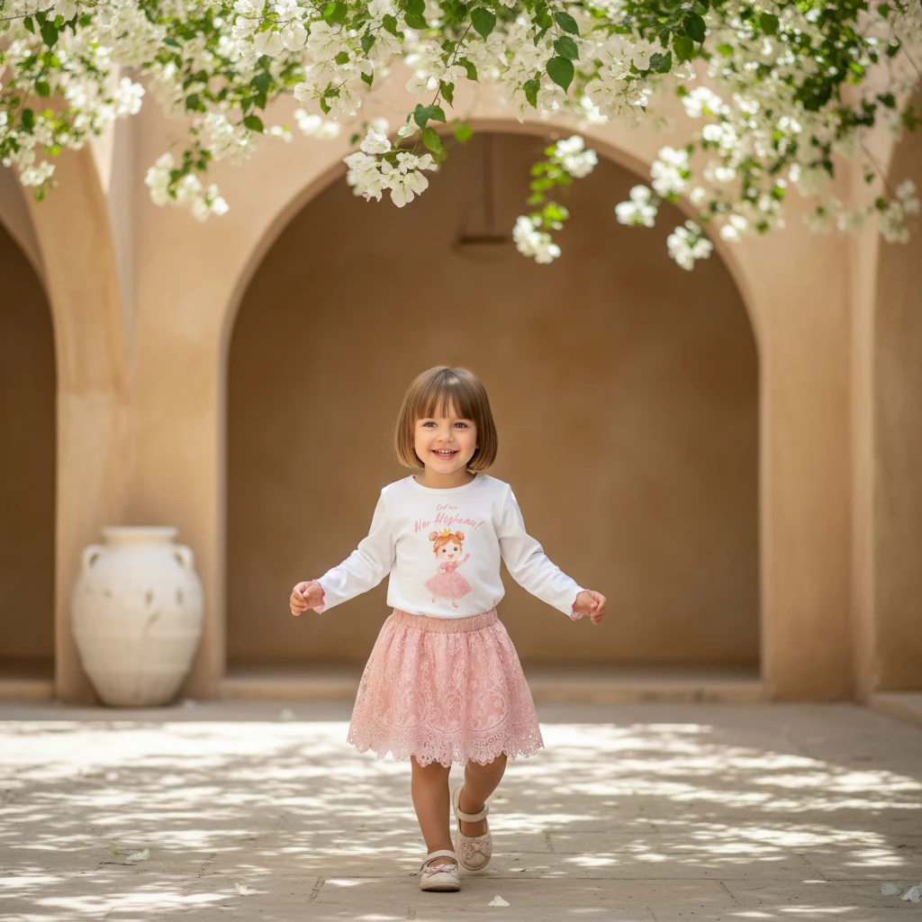 Young girl smiling in a white long-sleeve graphic top and pink lace skirt under white flowers and arches.