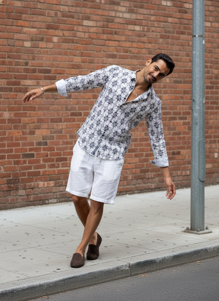 Man wearing a patterned long-sleeve shirt and white shorts standing near a brick wall.