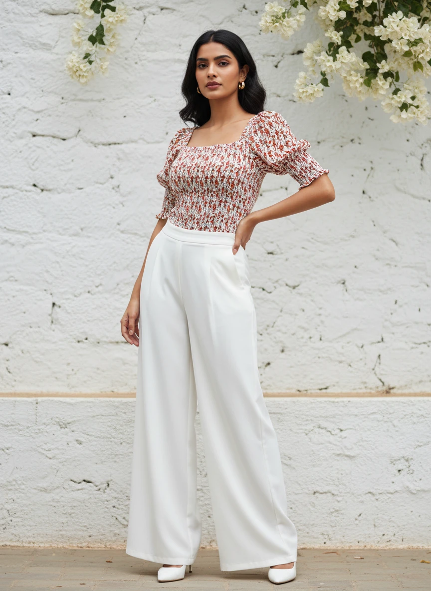 Model standing against a white wall wearing a smocked floral top and wide-leg white trousers.