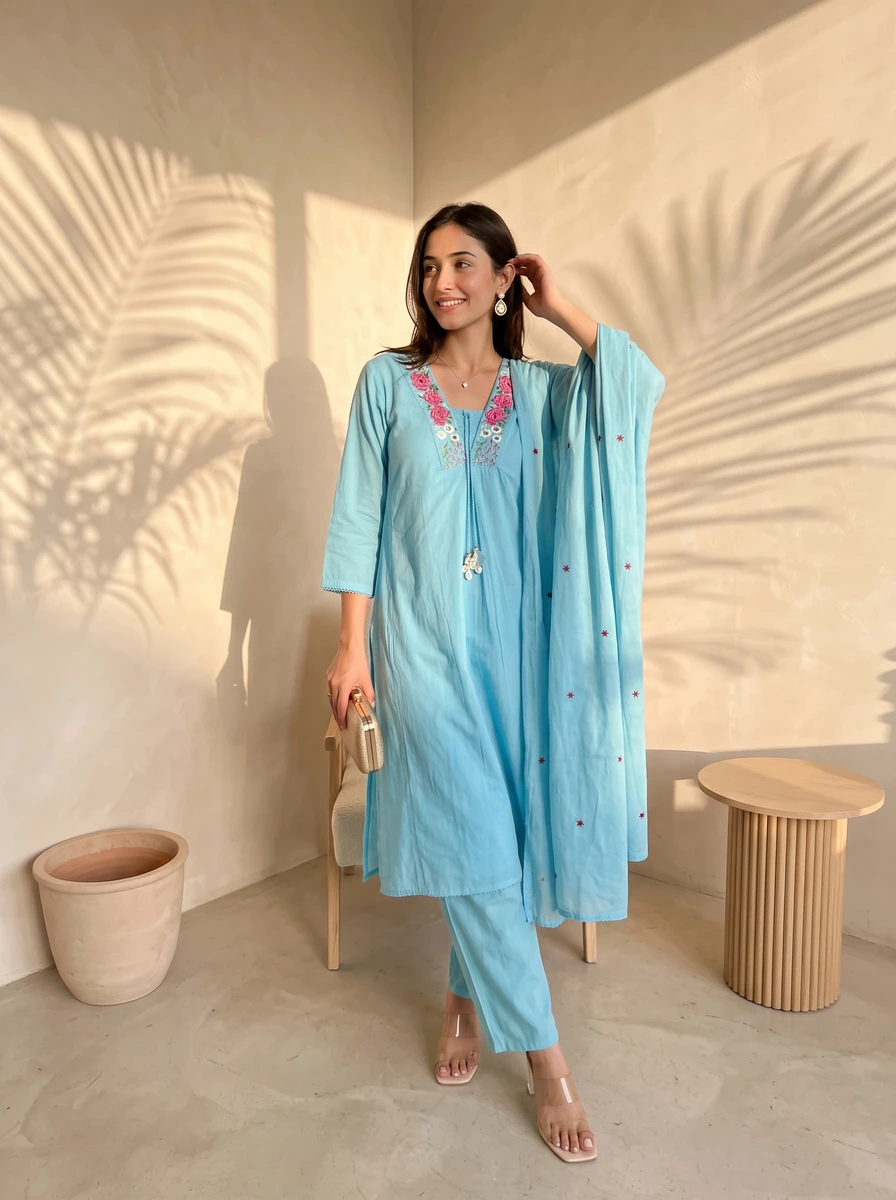 Model in light blue three piece outfit with floral embroidery and matching dupatta standing in sunlight.