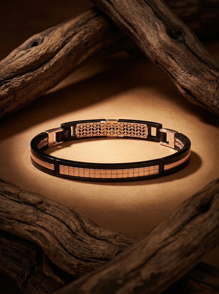 Studio AI photoshoot of a geometric metal bracelet framed by wooden branches, for a bracelet brand selling on marketplaces