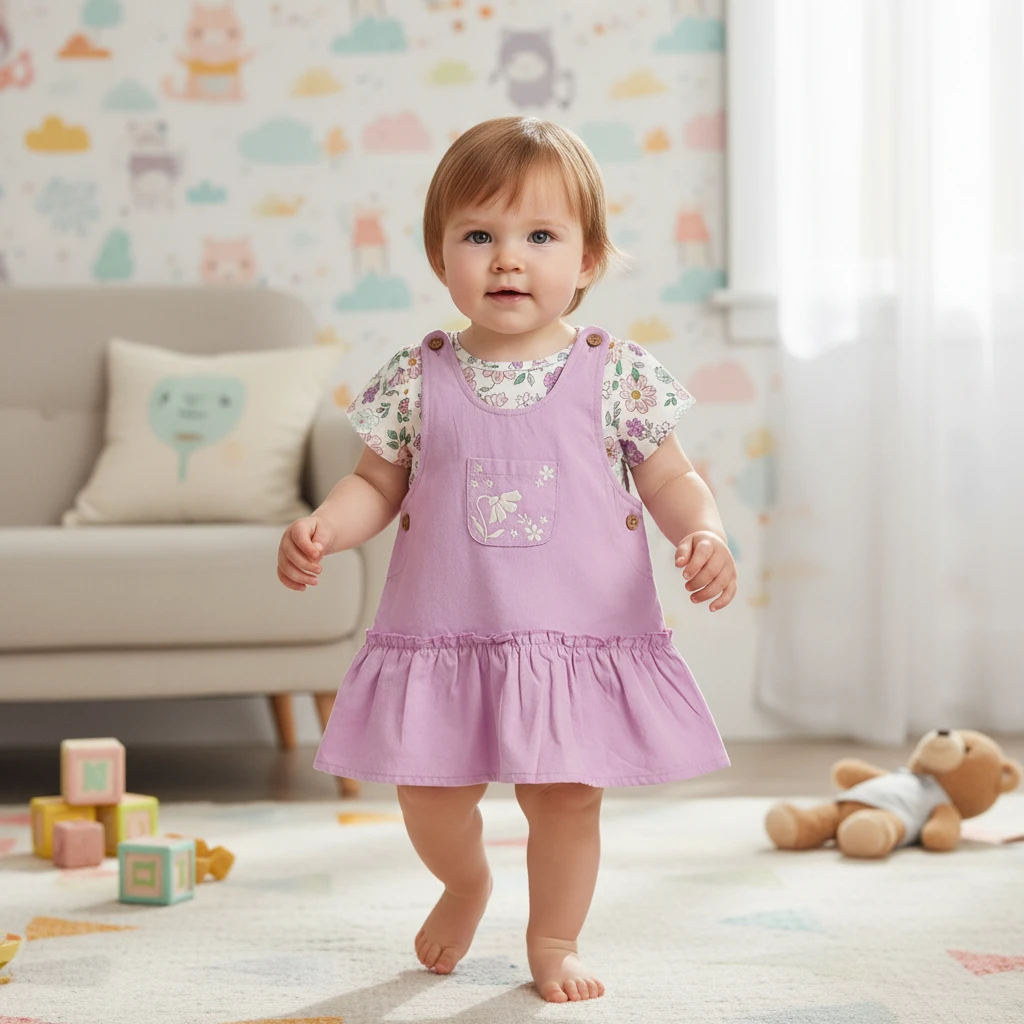Toddler wearing a lavender overall dress with a floral pocket over a short-sleeve patterned shirt in a colorful nursery.