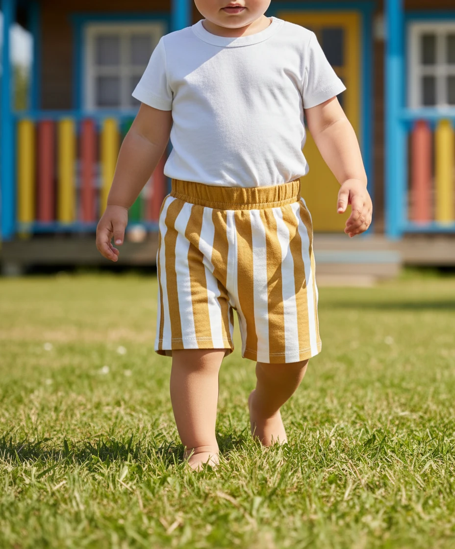 Toddler wearing a white t-shirt and yellow and white striped shorts walks barefoot on grass.
