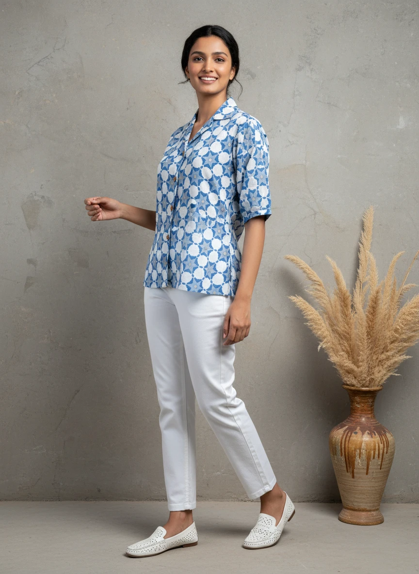 Woman standing in a blue and white patterned short-sleeve shirt and white pants.