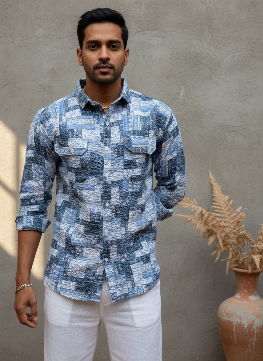 Man wearing a blue patchwork patterned long-sleeve button-down shirt and white trousers against a grey wall.
