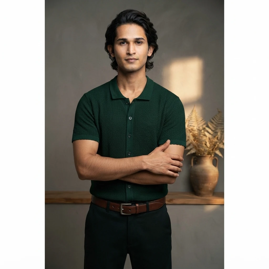 Man wearing a dark green textured knit polo shirt and dark trousers against a neutral wall.