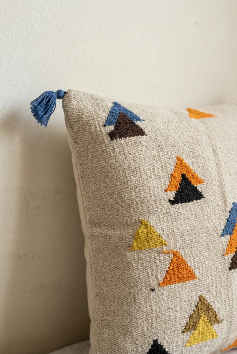 Textured beige cushion featuring multicolored embroidered triangle patterns and a blue corner tassel.