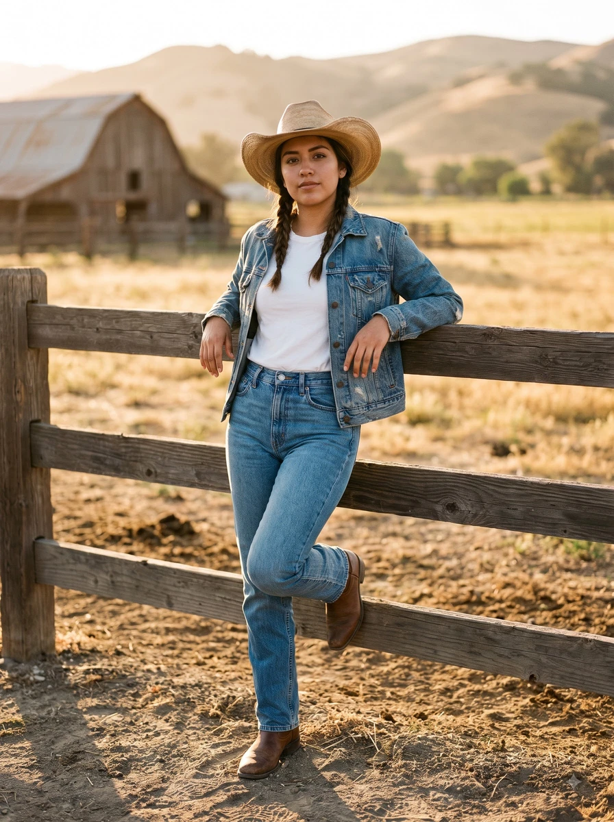 Woman wearing a denim jacket, white tee, and jeans leaning against a wooden fence in a pasture with a barn.