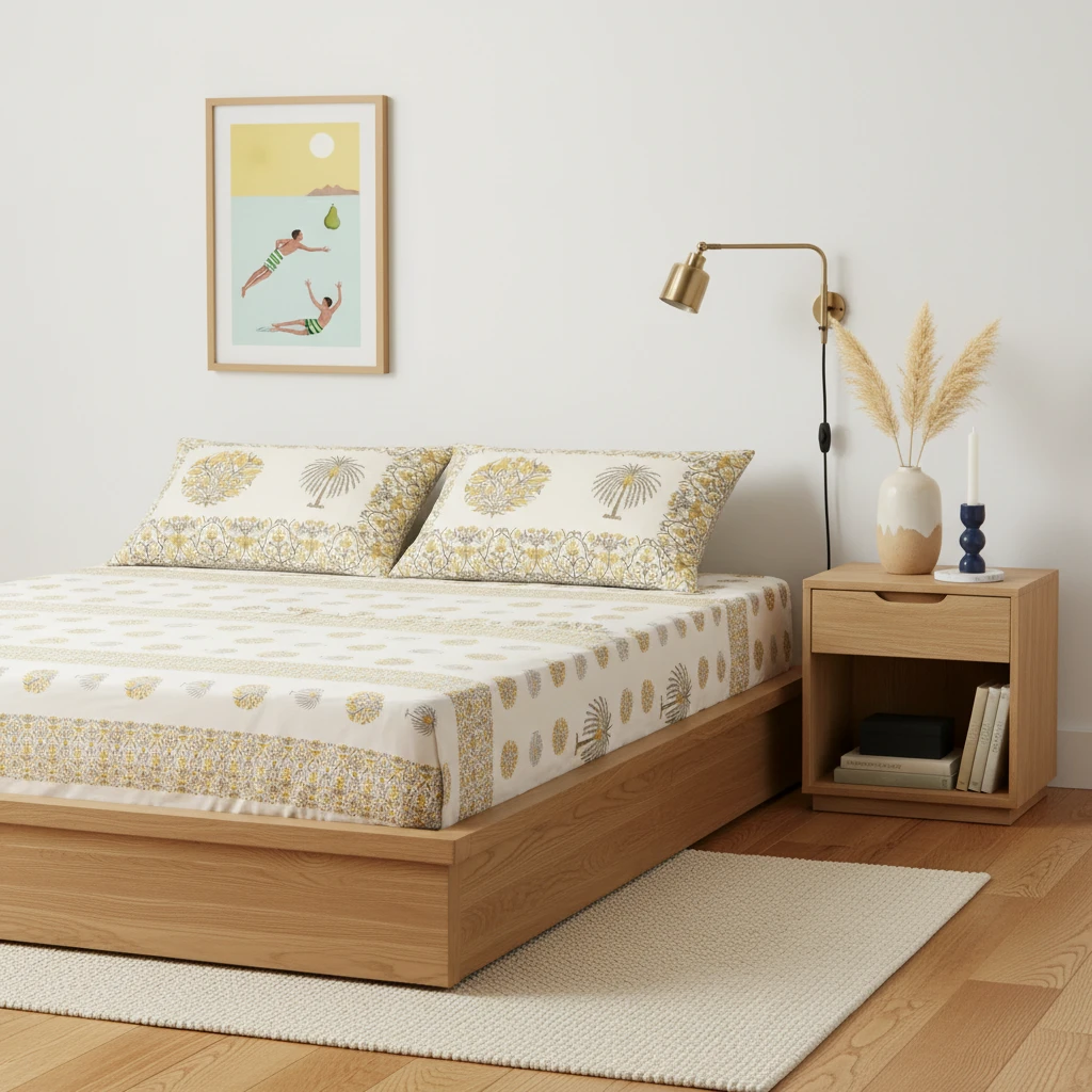 Bed with cream and yellow patterned bed sheets and matching pillows in a modern bedroom.
