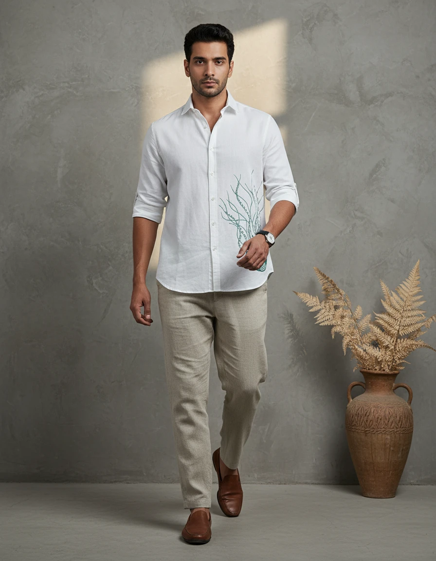 Man wearing a white button-down shirt with green embroidery and beige trousers, standing in a studio.