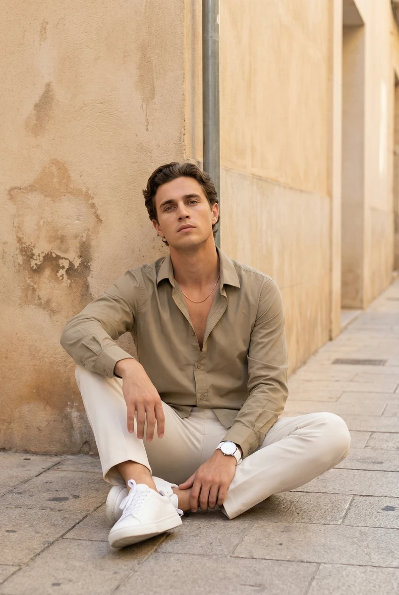 Man sitting on cobblestone street in a tan long-sleeve shirt, cream trousers, and white sneakers.