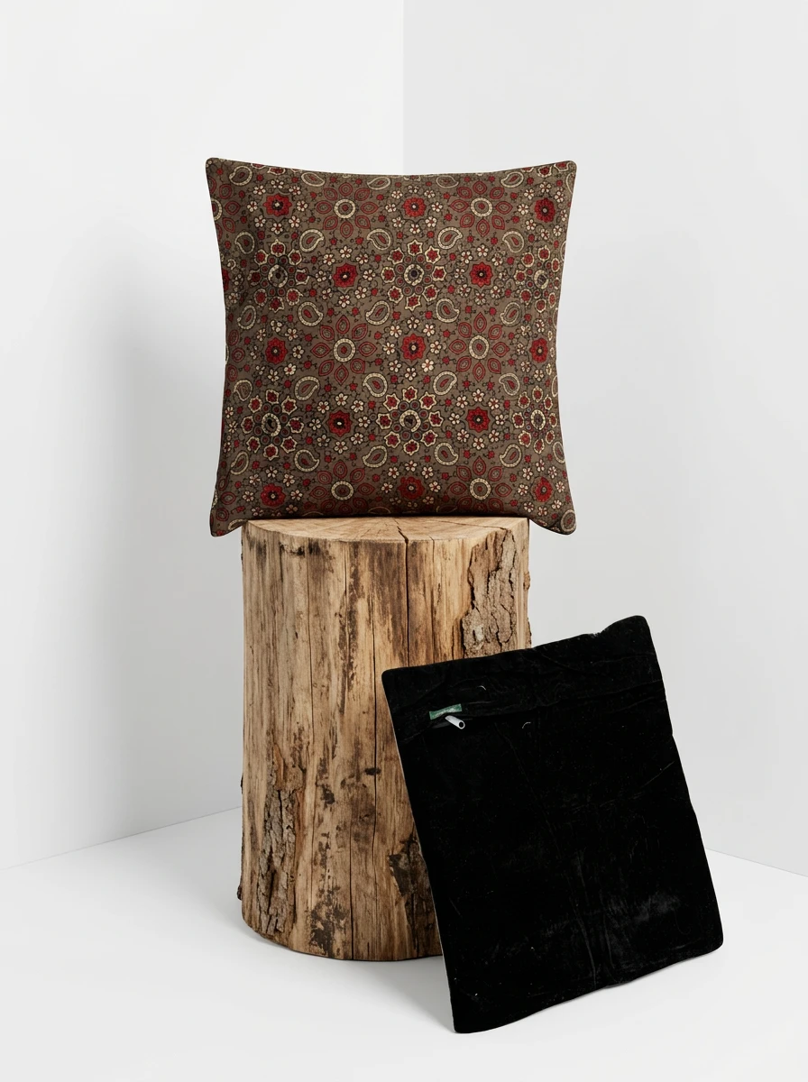 Brown decorative cushion with red and beige floral pattern resting on a tree stump next to a black velvet cushion.