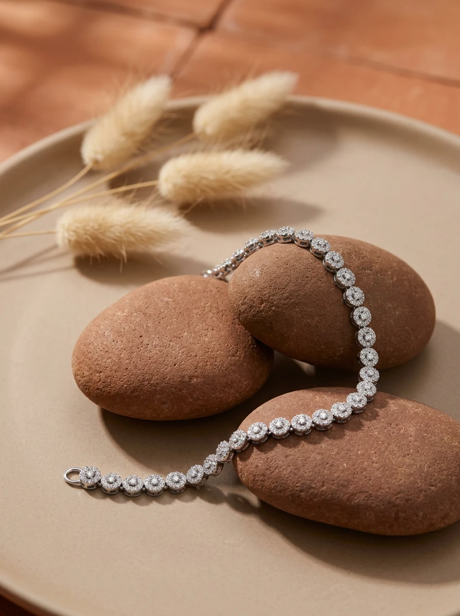 Studio AI flat-lay photoshoot of a silver anklet on stones, for an anklets brand selling on marketplaces