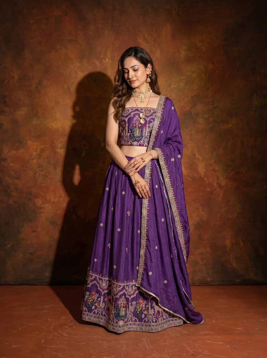 Woman wearing a deep purple embroidered lehenga choli with traditional Indian motifs against a rustic brown backdrop.
