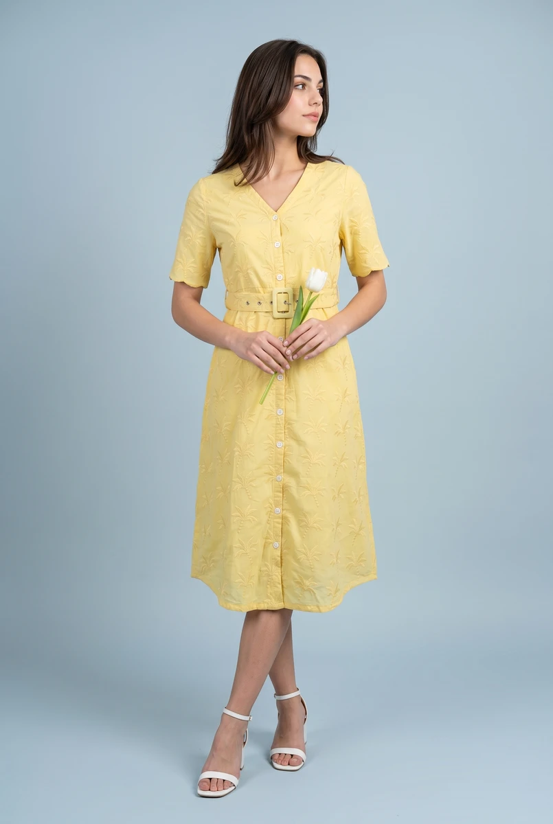 Model standing in a yellow midi dress with a belted waist and button front, holding a white flower against a blue background.
