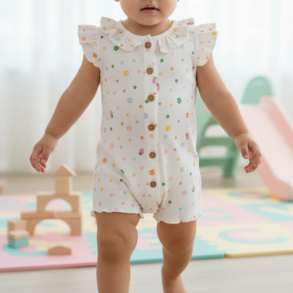 Toddler in a white ribbed cotton romper with colorful floral print and ruffled collar.