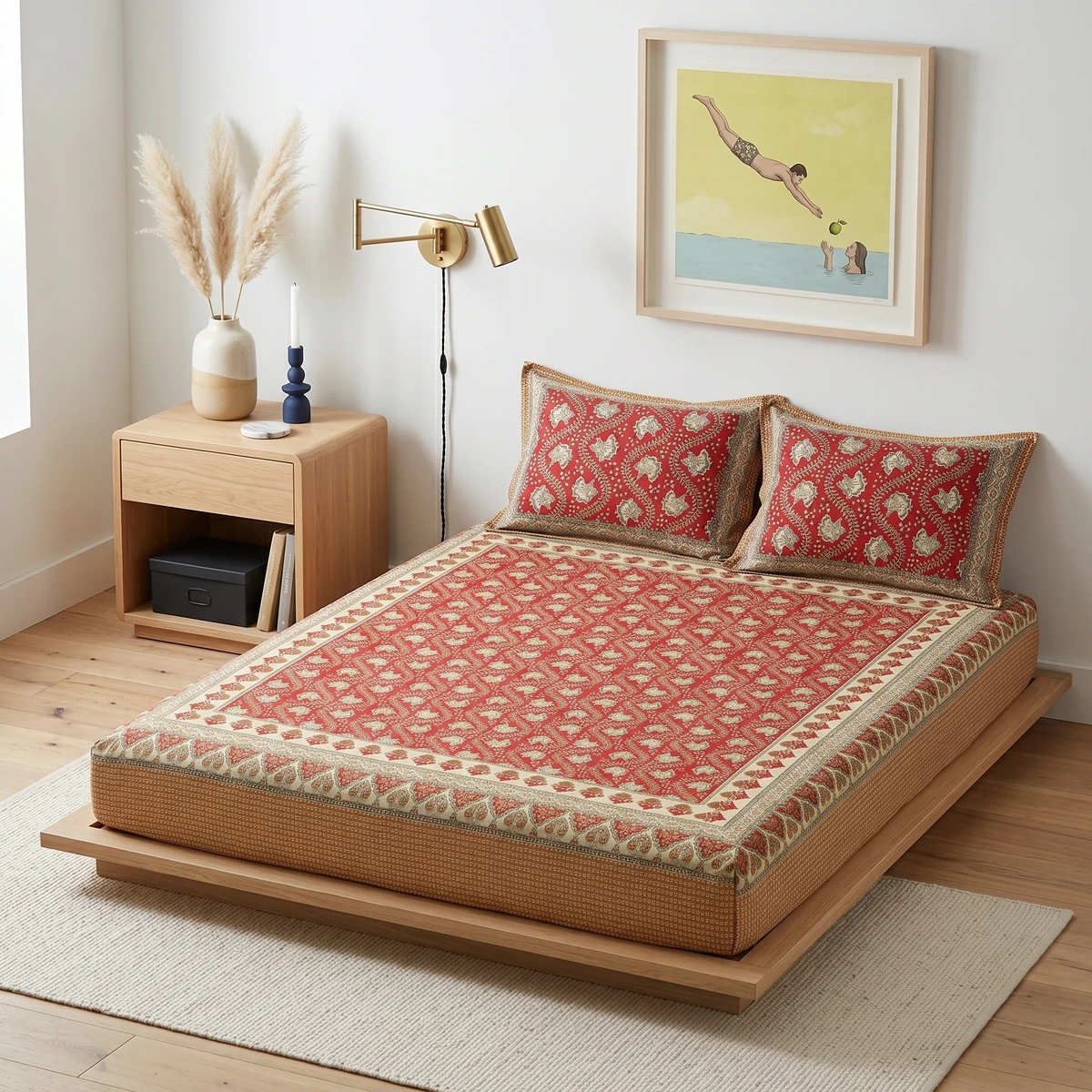Kanika bed sheet in red with traditional block print pattern and matching pillows on a wooden platform bed.