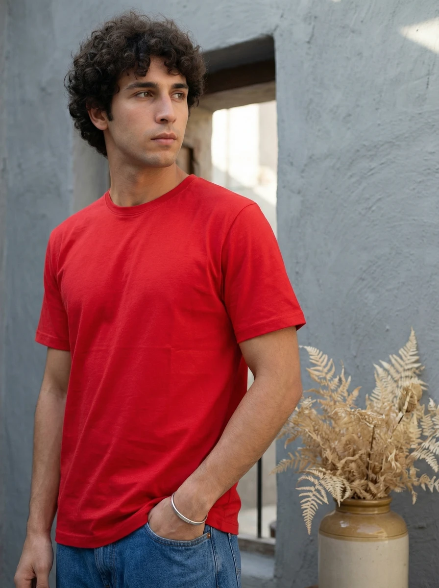 A man with curly hair wearing a vibrant red crew neck t-shirt and blue jeans, standing against a grey wall with a vase of dried ferns.