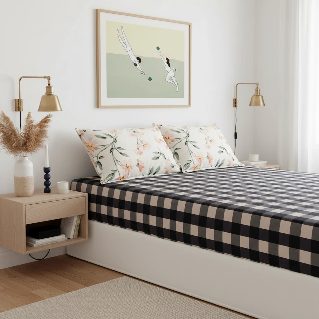 Bed with black and white checkered sheets and floral patterned pillows in a modern bedroom with brass wall lamps.