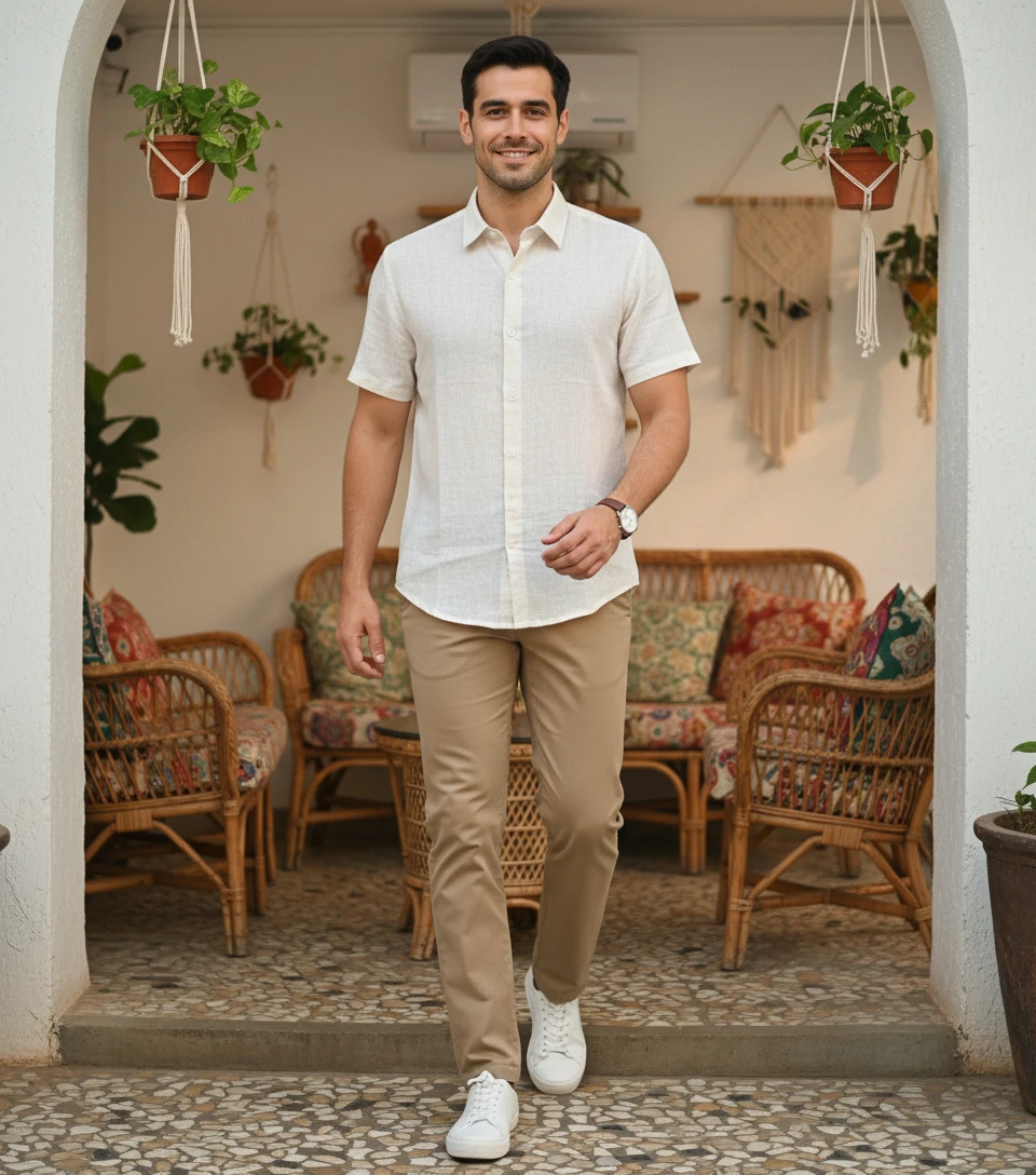 A man wearing a short-sleeve cream button-down shirt and khaki pants walks forward outdoors.