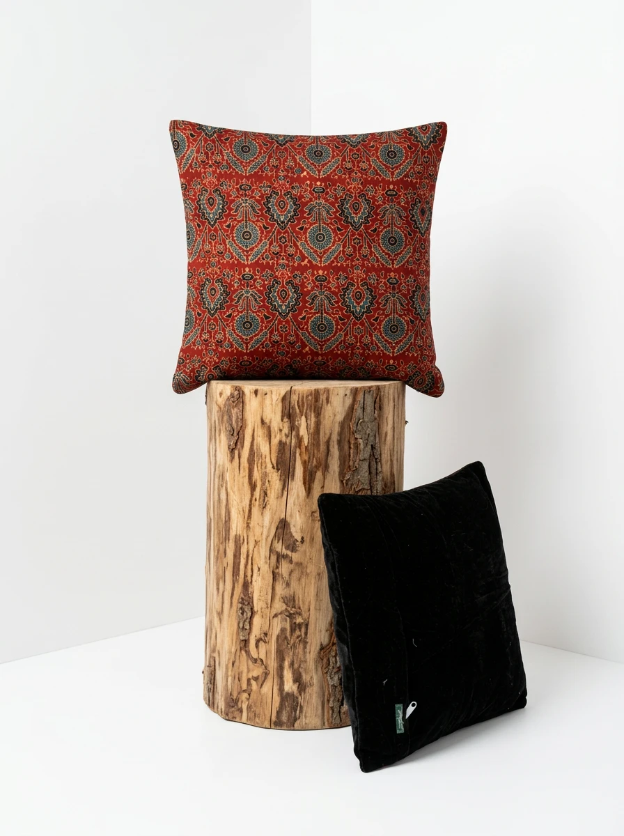 Red patterned cushion on a wooden tree trunk stool with a black cushion beside it.