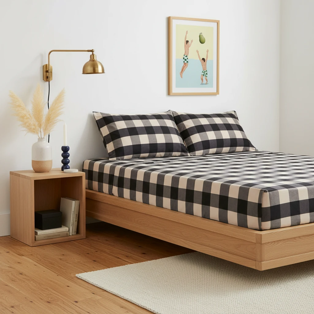 Black and white buffalo check bed sheets on a wooden platform bed in a bright bedroom.