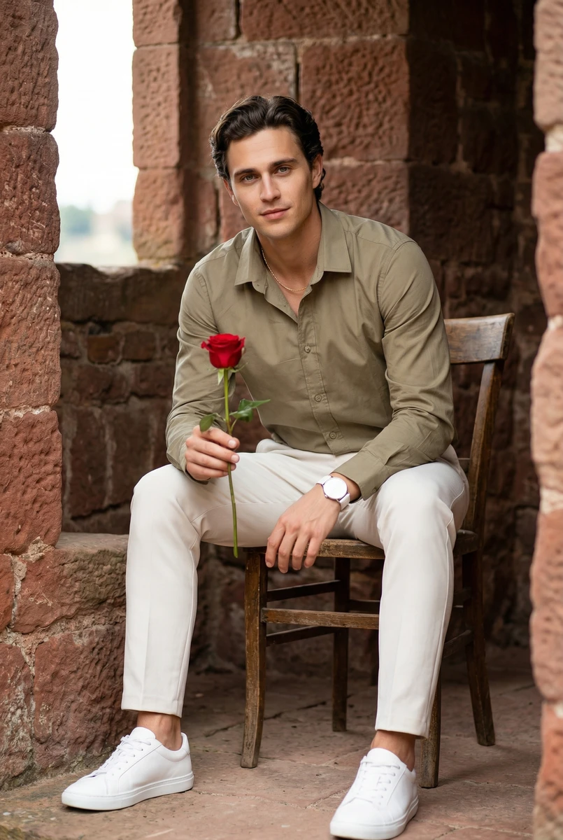 Man wearing an olive green button-down shirt and white trousers holding a red rose while sitting on a wooden chair.
