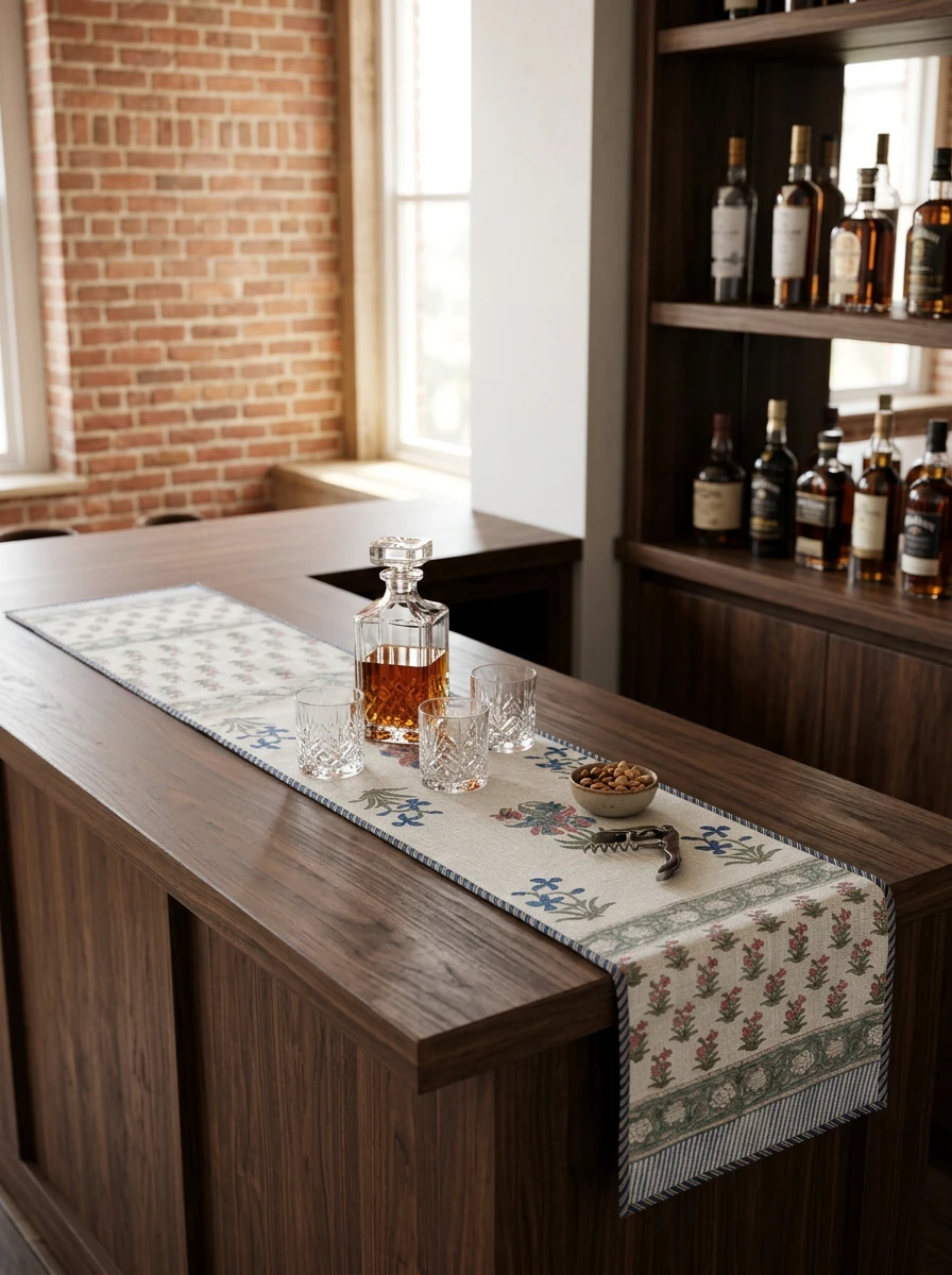 A decorative table runner with blue and pink floral patterns displayed on a dark wood bar counter with glassware.