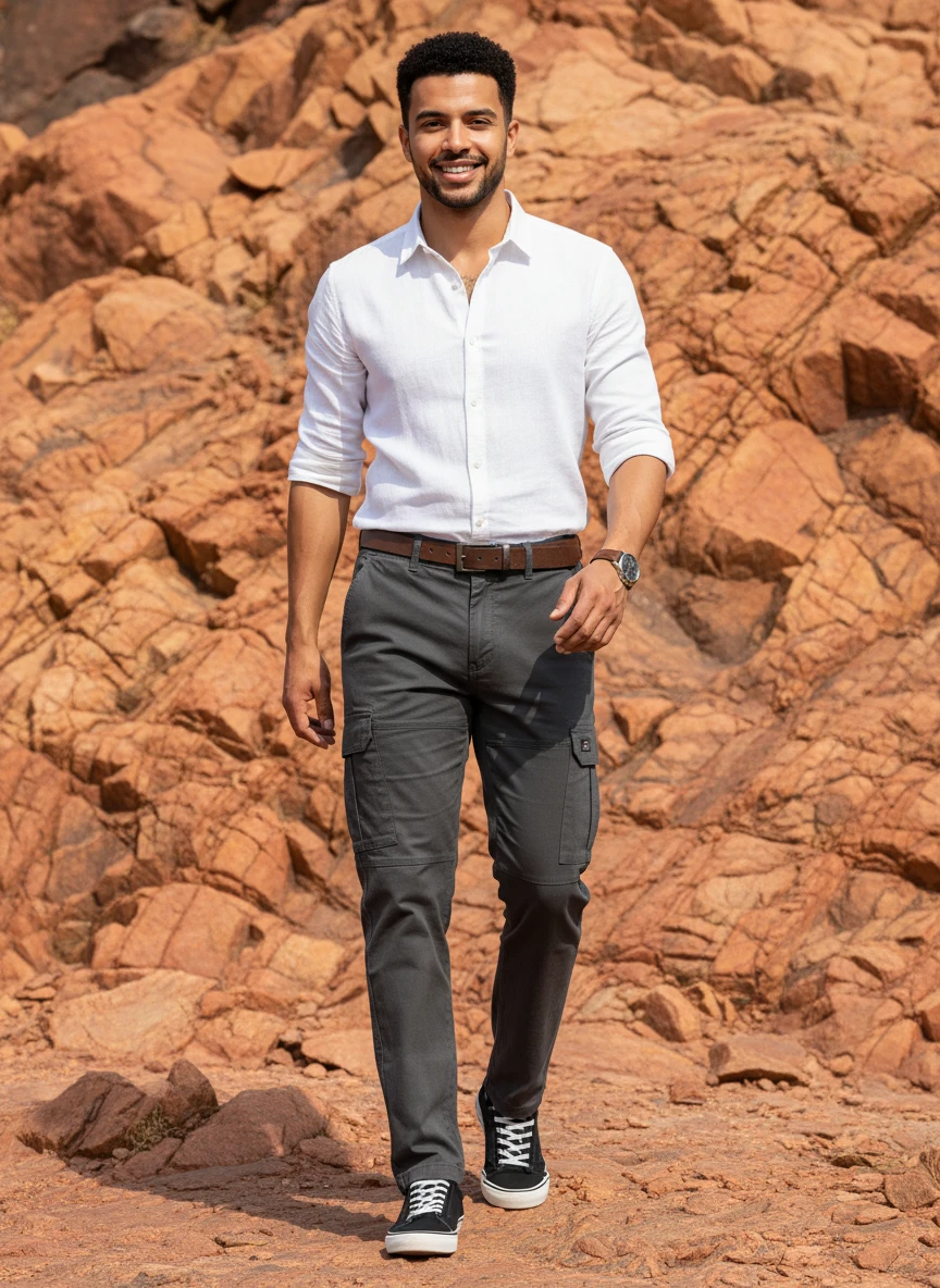 Smiling man in a white linen shirt and charcoal cargo pants walking against a rugged reddish-brown rock background.