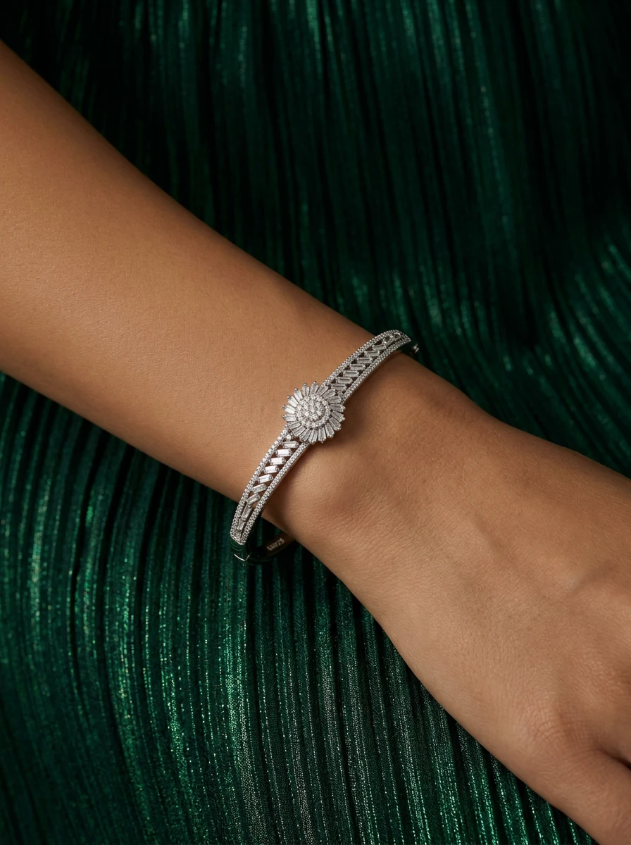 Studio AI photoshoot on a model of a diamond bracelet on a wrist, for a bracelet brand selling on marketplaces