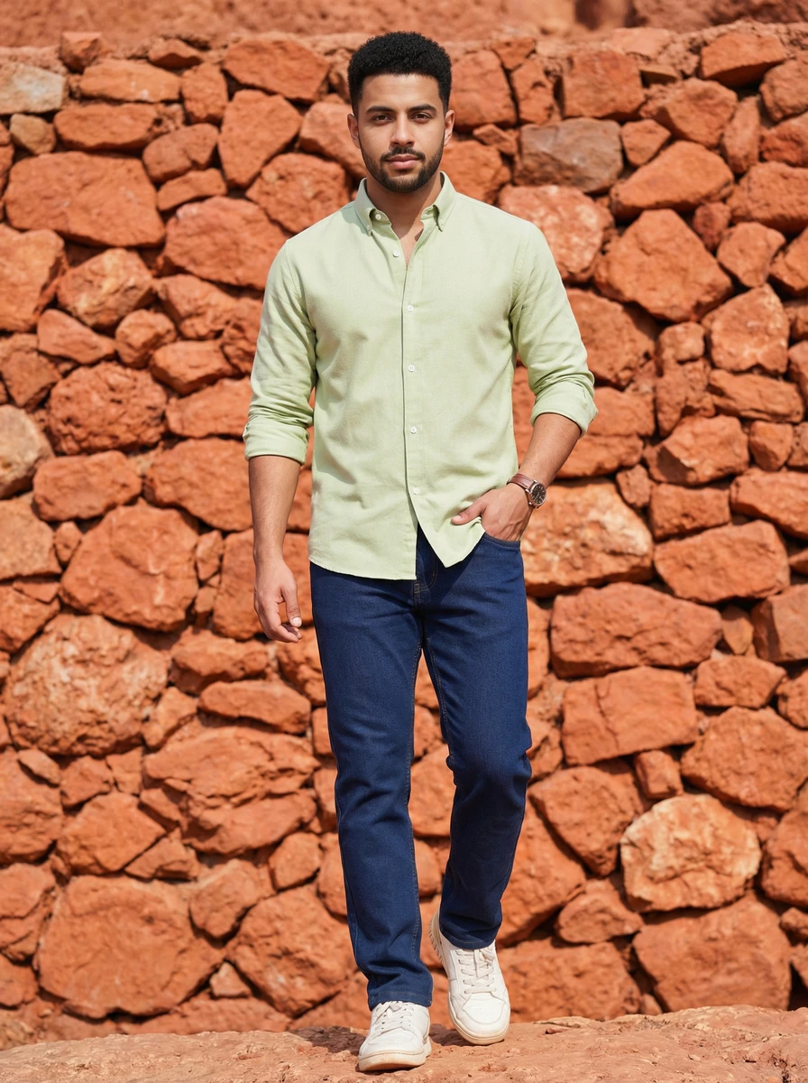 A man wearing a light green button-down shirt and blue jeans standing in front of a rock wall.