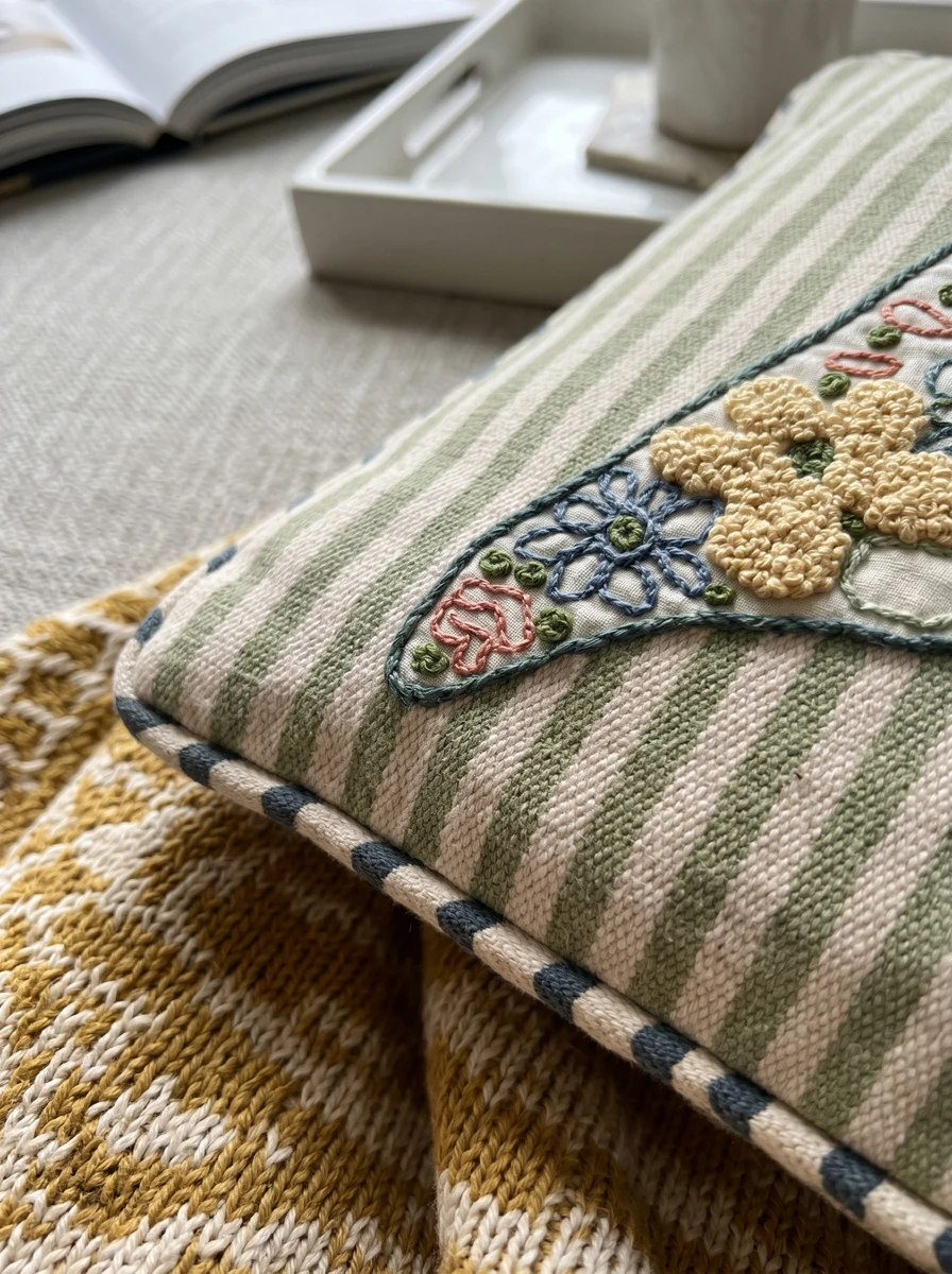 Green and white striped cushion featuring embroidered floral motifs resting on a knitted blanket.
