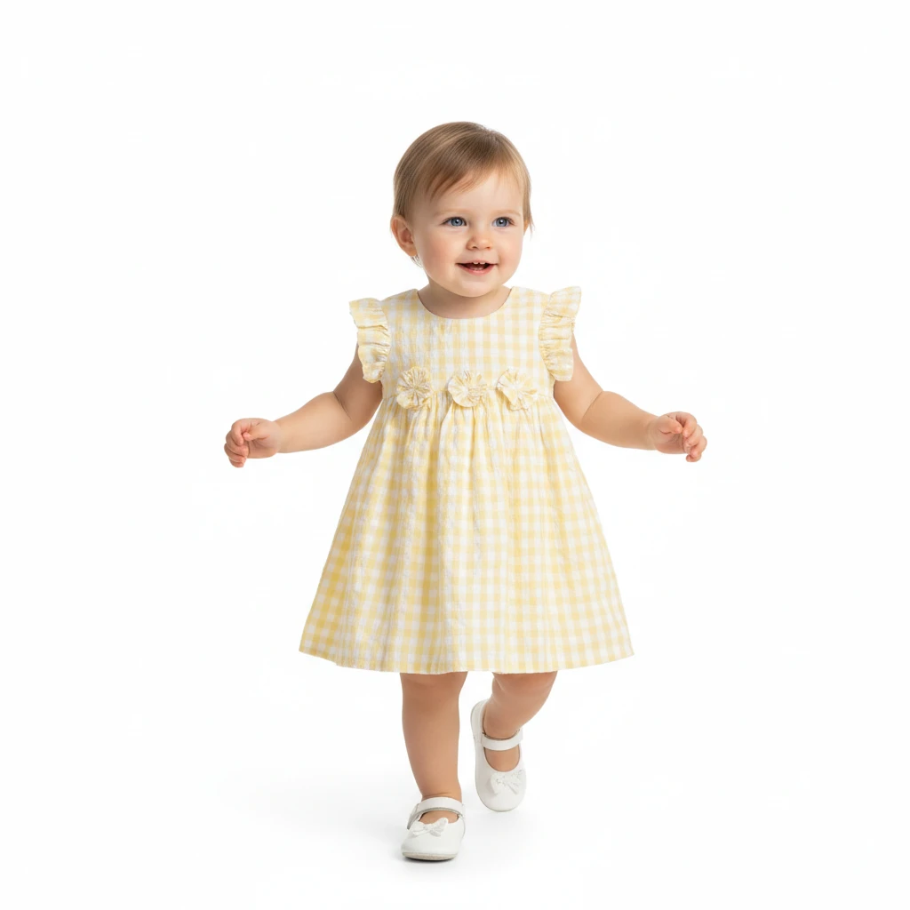 Toddler girl walking in a yellow and white gingham dress with ruffle sleeves against a white studio background.