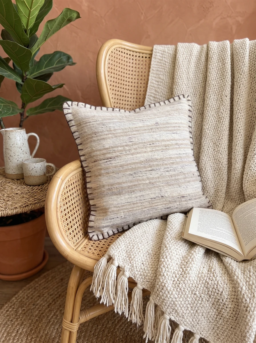 Neutral textured cushion with dark whipstitch detail resting on a cane chair with a knit throw blanket.