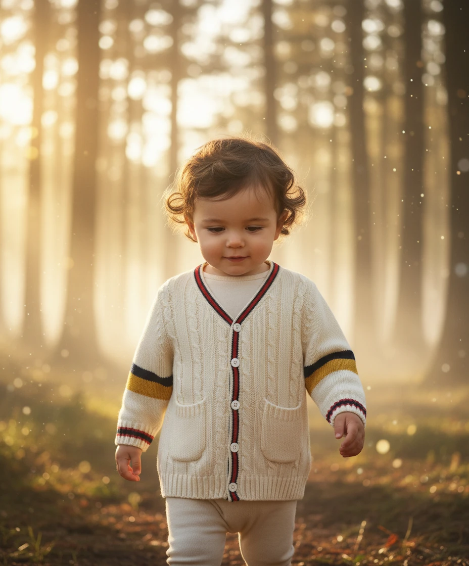 A toddler wearing a cream cable-knit cardigan with striped trim walks in a sunlit pine forest.
