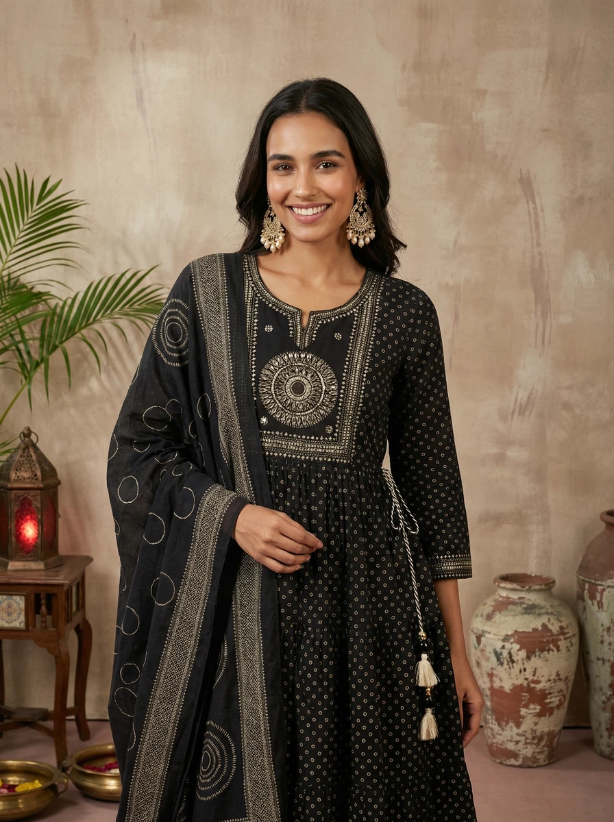 Woman in a black readiprint anarkali with gold embroidery and matching dupatta standing indoors.