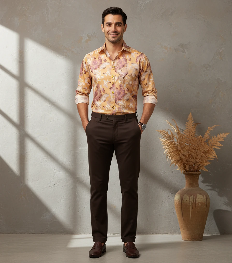 A man wearing a yellow floral long-sleeve shirt and dark brown trousers stands against a grey wall with window shadows.
