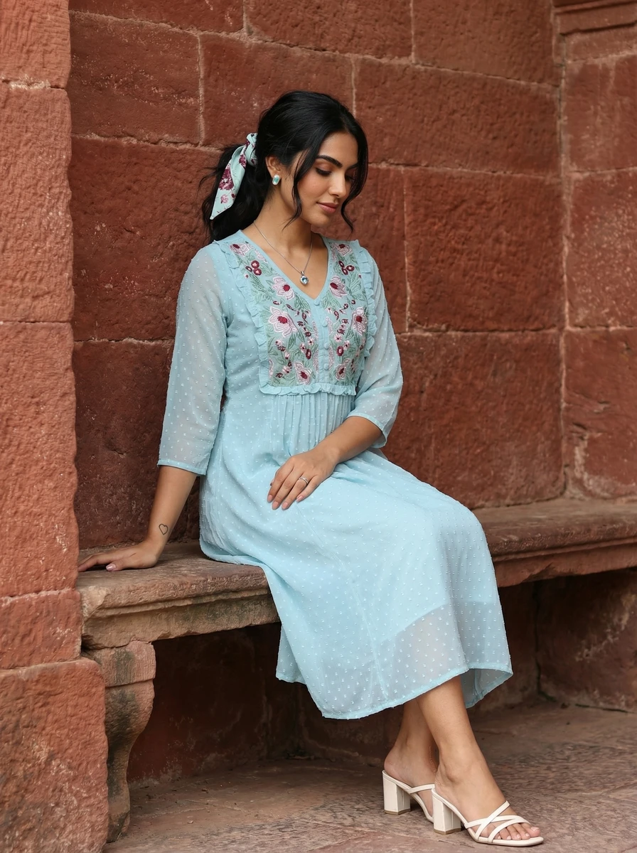 Model sitting on a red brick bench wearing a light blue embroidered midi dress with sheer dotted fabric.