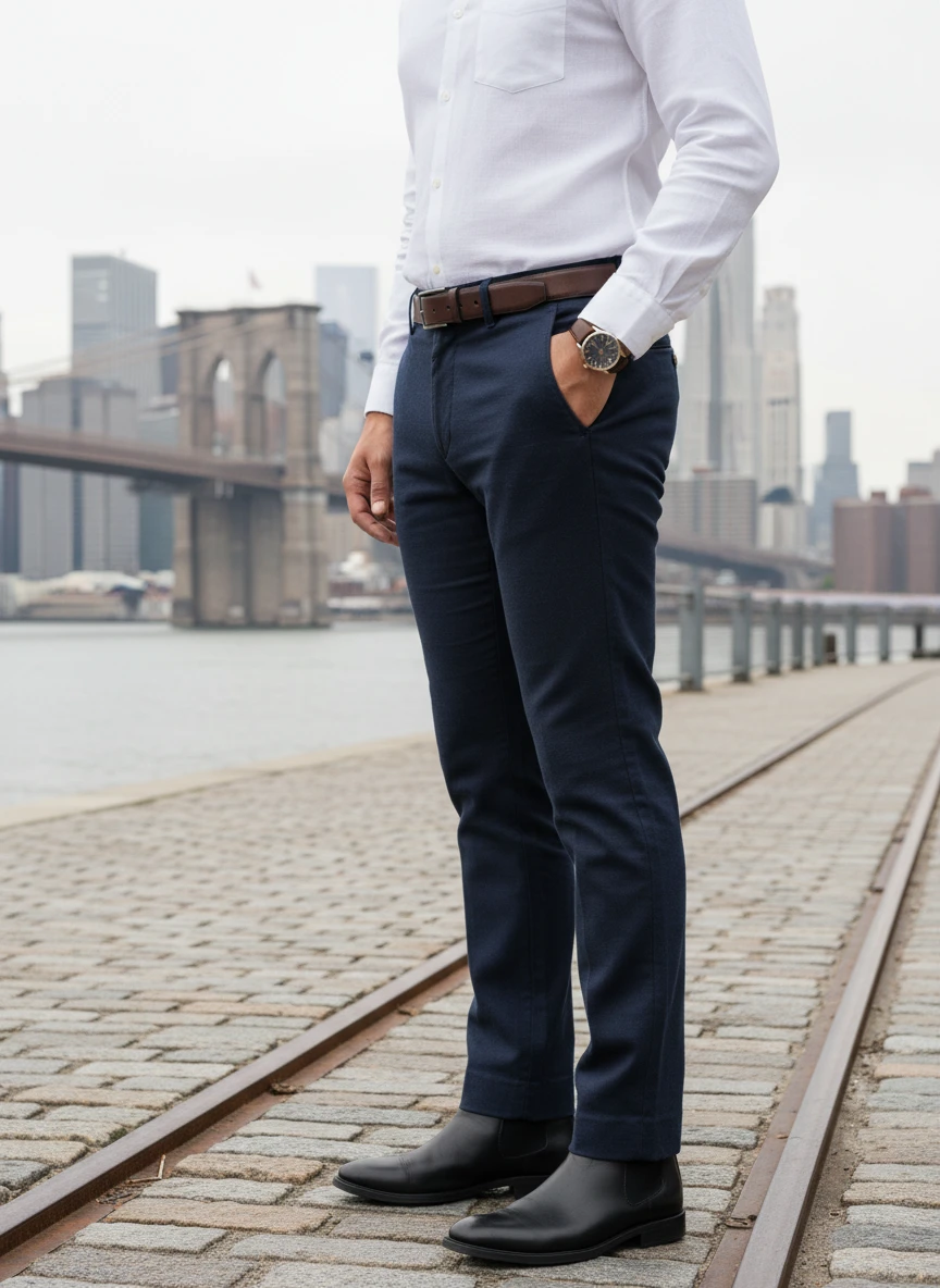 Man in a white button-down shirt and navy trousers standing on cobblestones with the Brooklyn Bridge in the background.