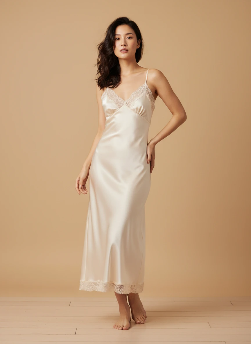An Asian woman posing in a cream satin slip dress with lace trim against a neutral studio background.