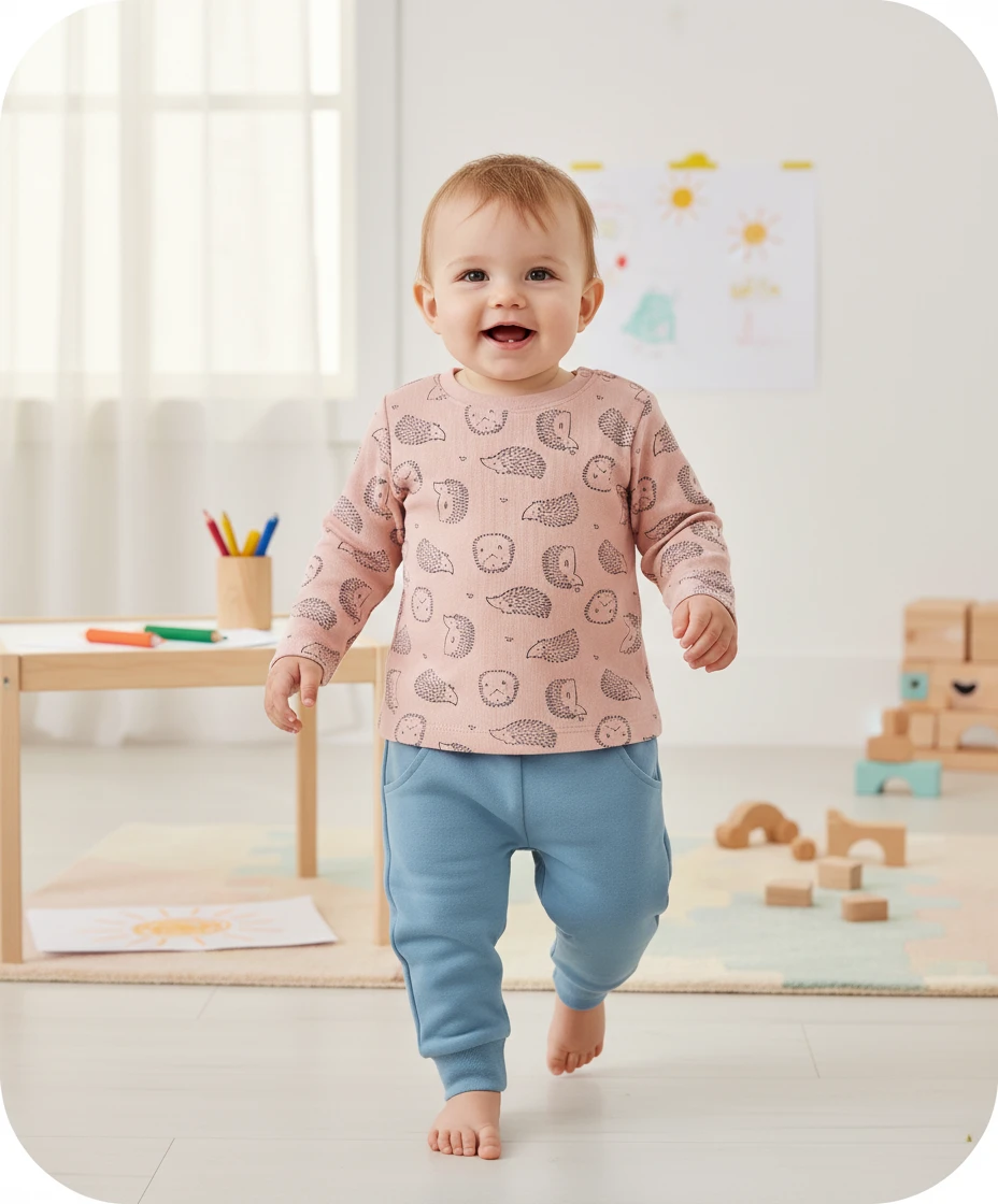 A smiling toddler wearing a pink long-sleeve shirt with a hedgehog print and blue pants in a bright playroom.
