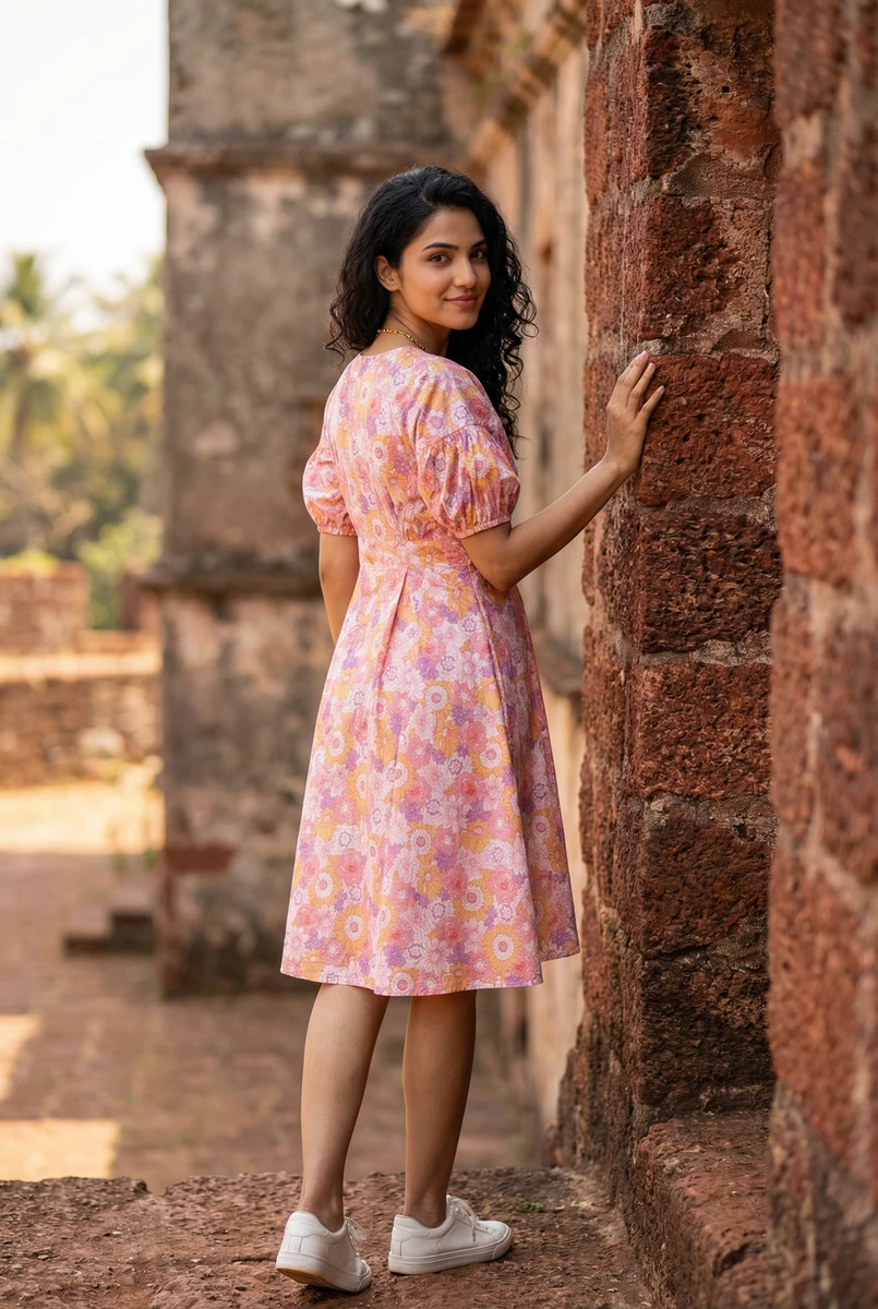 A woman wearing a pink floral midi dress with puff sleeves, standing outdoors near a stone wall.