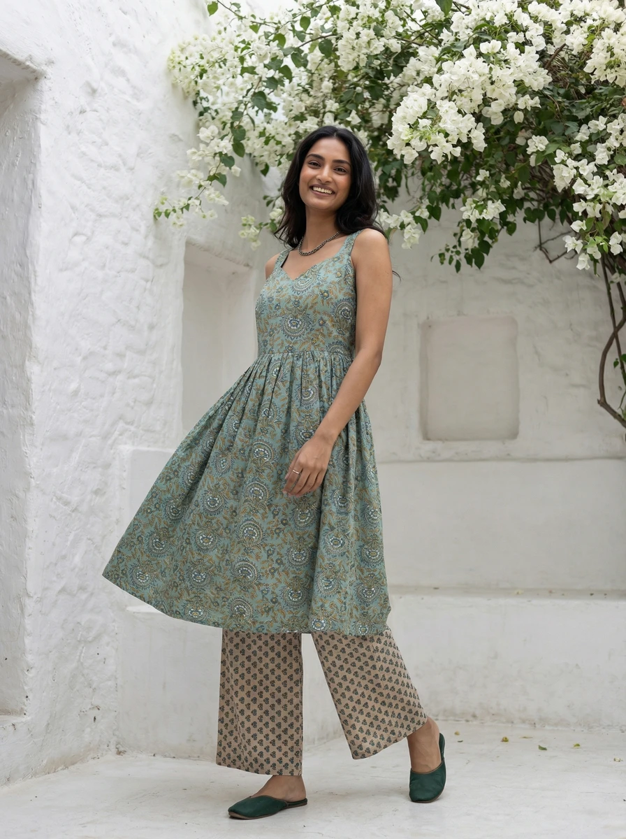 A smiling woman wearing a sage green printed sleeveless A-line kurta and patterned wide-leg trousers outdoors.