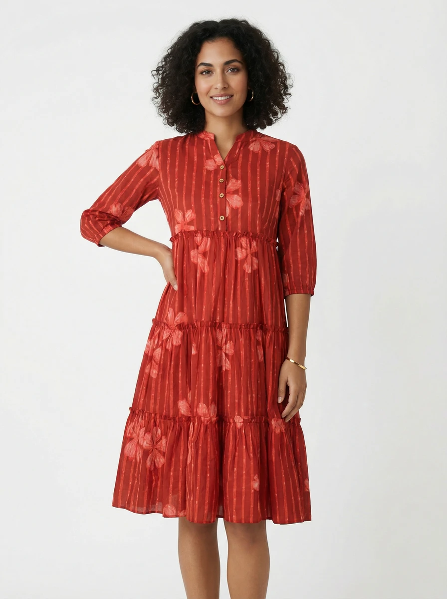 A woman posing in a mid-length red tiered dress with floral prints and vertical stripes.