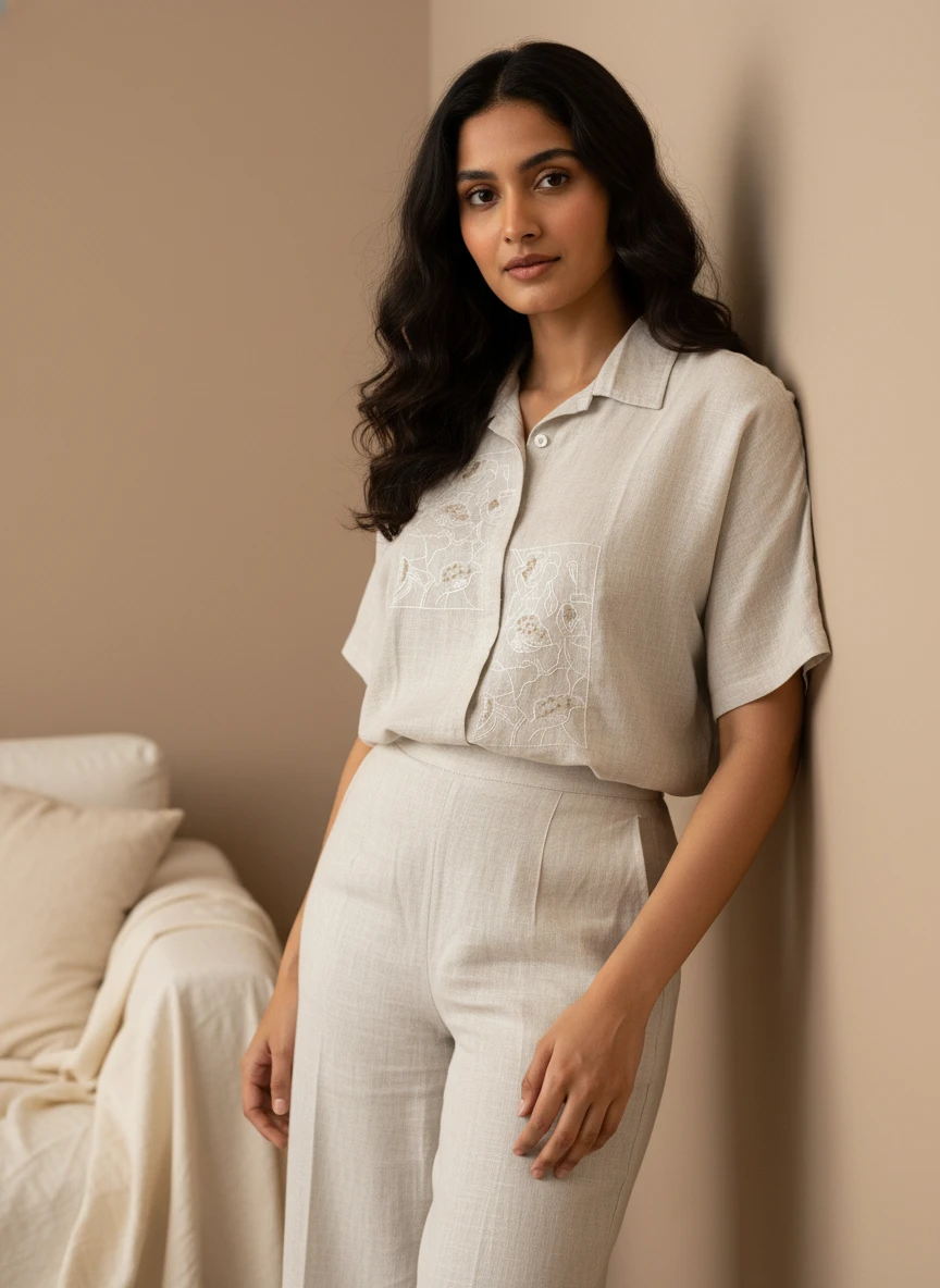 Woman wearing a beige linen short-sleeve button-down shirt with floral embroidery and matching trousers.