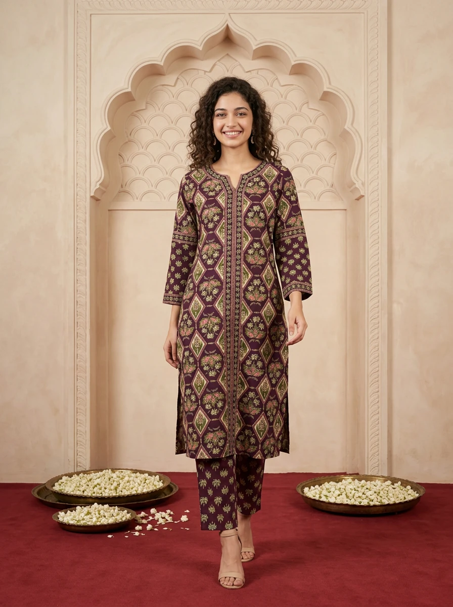 Model in a maroon printed kurta and pants set standing against an ornate archway with flower platters on a red rug.