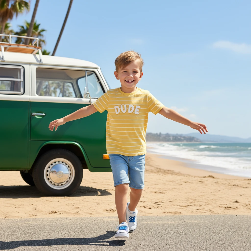 A young boy in a striped yellow T-shirt and denim shorts walks happily along a sunny beach near a vintage green van.