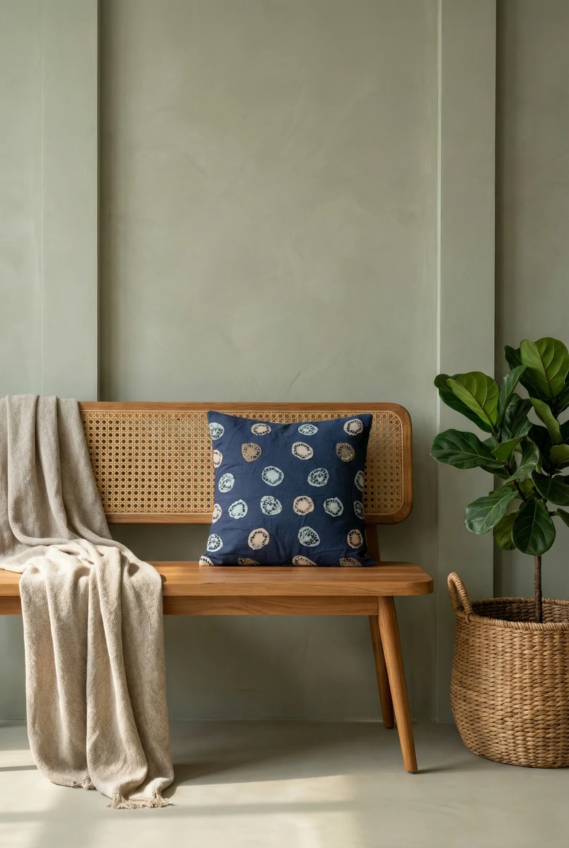 Sanskruti blue cushion with abstract circular patterns placed on a wooden cane bench.