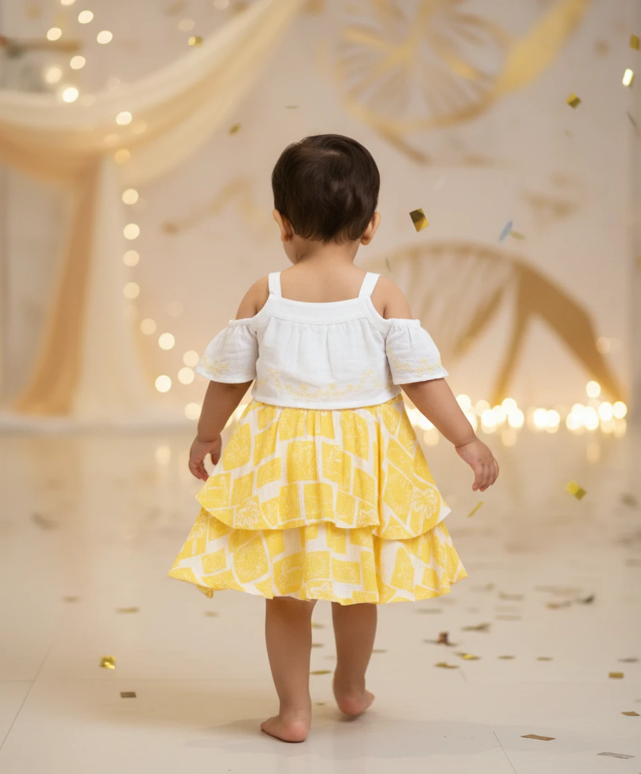 Back view of a toddler wearing a white cold-shoulder top and a layered yellow patterned skirt.