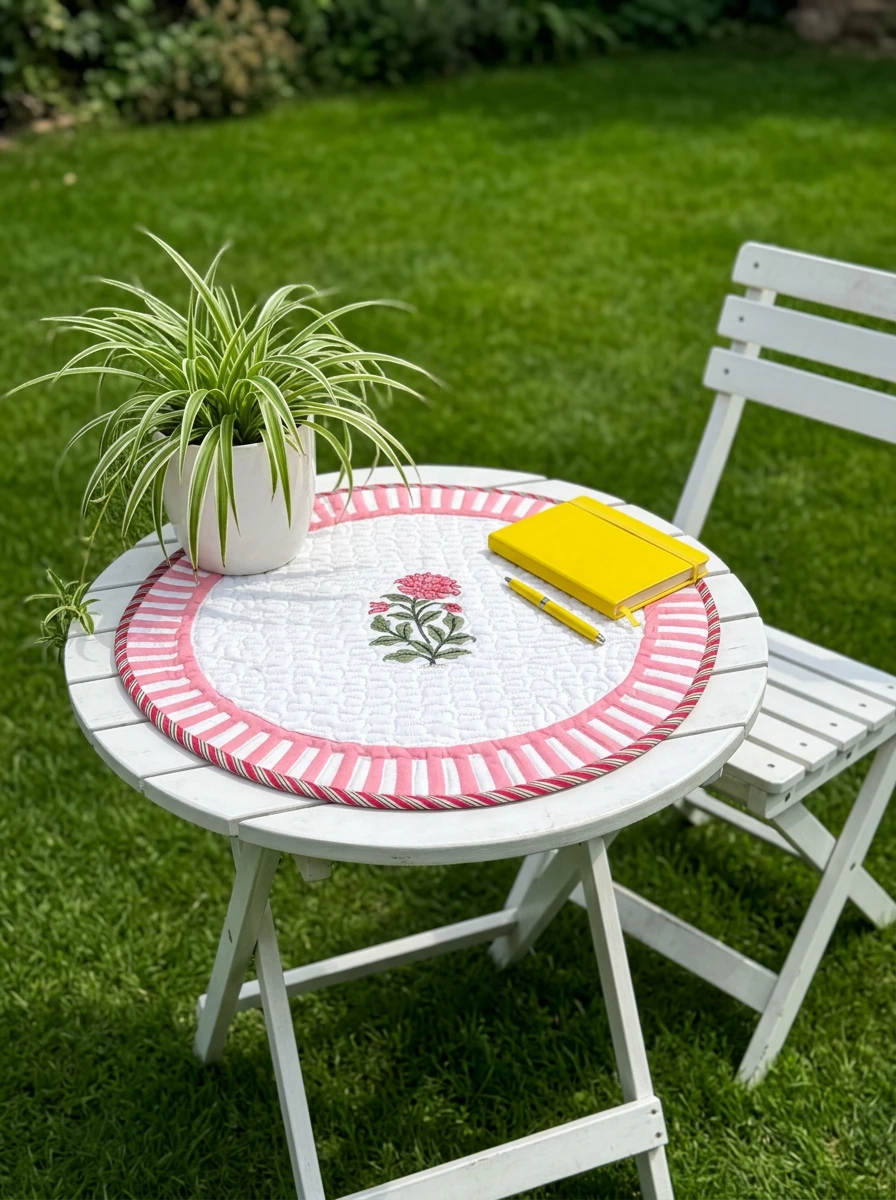 Round quilted placemat with pink stripes and floral embroidery on a white garden table with a yellow notebook and plant.